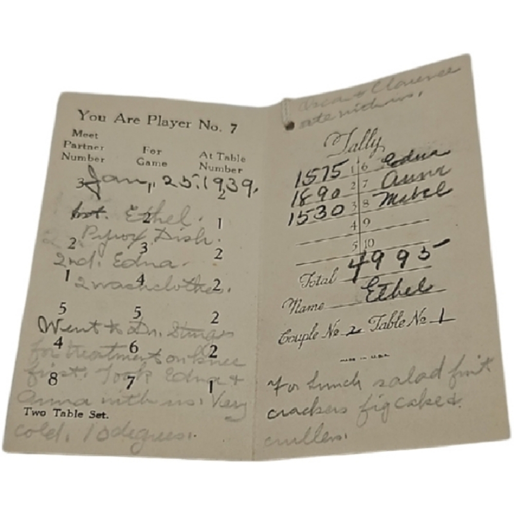 💛 1939 Vintage Bridge Scorecard with Blue Tassel